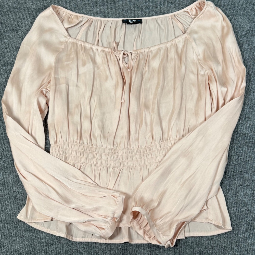 PAIGE Odalynn Satin Blouse Large Smocked Bodice Peplum Square Neck Boho Peasant